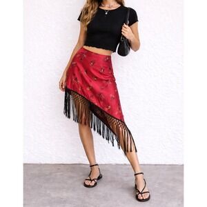 Vintage CACHE W Size 4 Red Satin Chinoiserie Floral Asym Fringe Y2K Midi Skirt